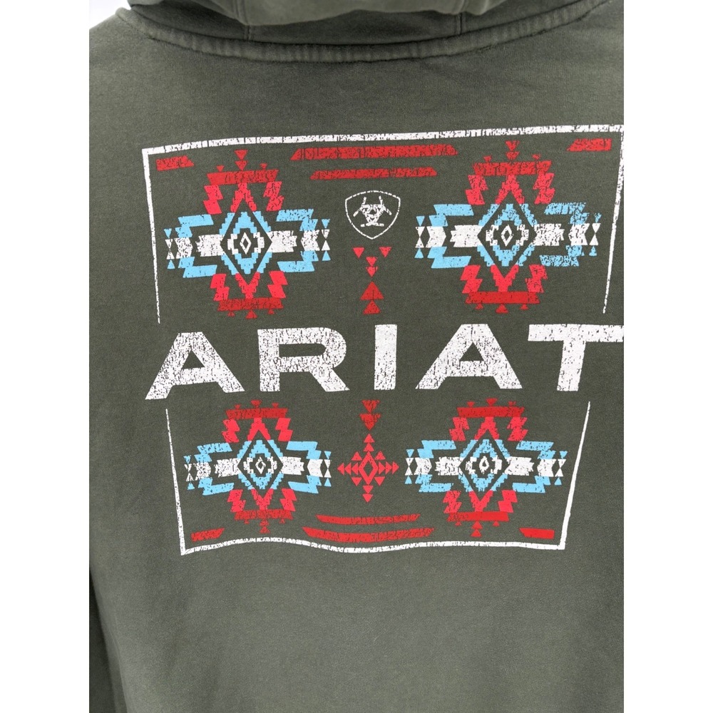 Ariat Mens XL Pullover Hoodie Olive Green Southwestern Graphic Logo Sweatshirt